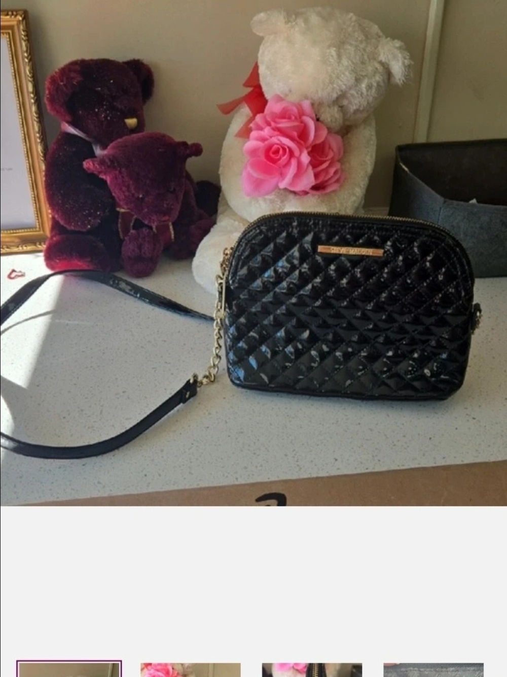 Steve Madden Black Quilted Patent Crossbody Bag with Gold Chain